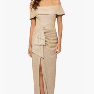 Xscape RAVEENA Evening Dress Foil Knit Off The Shoulder Floor Length Ruffle Gown